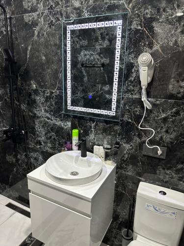 博尔若米Park Hotel Borjomi的一间带水槽、镜子和卫生间的浴室