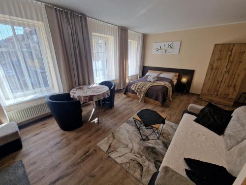 卡托维兹中心公寓的客厅配有床和沙发