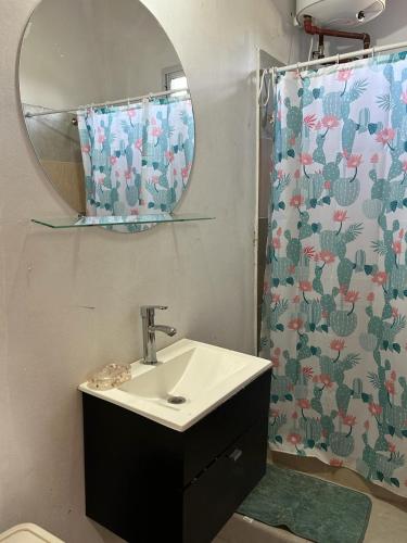 特尔马斯德里奥翁多Cabañas Autodromo的一间带水槽和镜子的浴室