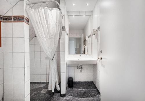 灵克宾灵克宾酒店的白色的浴室设有水槽和镜子