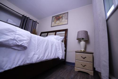 安克雷奇KING SUITE ON 16TH AVE的一间卧室,配有一张床和床头灯
