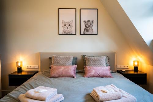 兹沃勒Luxe Appartement nabij centrum的一间卧室配有一张床,上面有两条毛巾