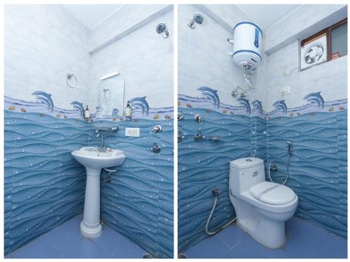麦罗肯机Mirage Grand的浴室的两张照片,配有卫生间和水槽