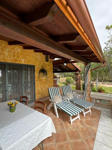 穆拉沃拉L'Uliveto HOLIDAY HOUSE -Casa Vacanze Indipendente-的庭院里设有桌椅。