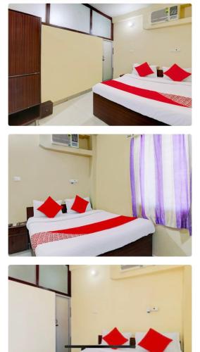 戈勒克布尔Red Chilly B&B的卧室两张照片,配有两张带红色枕头的床