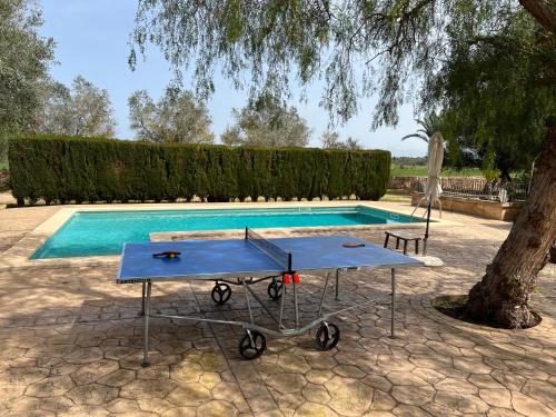坎波斯Casa S’Hort des Revellar (Es Trenc)的游泳池前的乒乓球桌