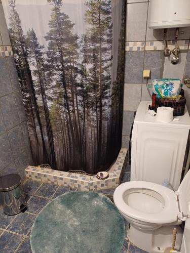 萨拉热窝Himber Rooms的浴室设有卫生间和树木林立的浴帘。