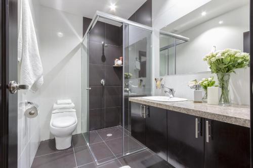 昆卡Gaviota Apartments & Suites的一间带卫生间和玻璃淋浴间的浴室
