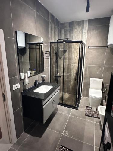 地拉那Amazon House 8的带淋浴、盥洗盆和卫生间的浴室