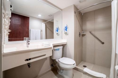 卡门城卡门城市快捷酒店的浴室配有卫生间、盥洗盆和淋浴。