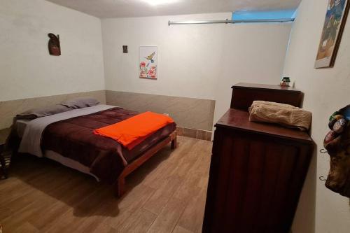 帕帕亚克塔Habitación en Papallacta的一间卧室配有一张带橙色枕头的床