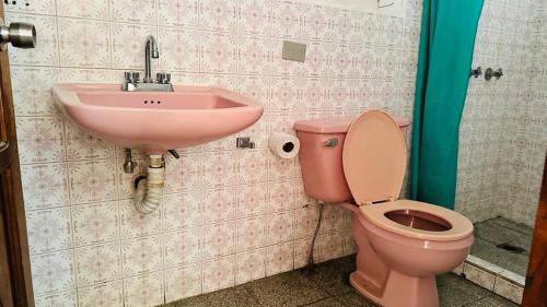 帕纳哈切尔Royal Palace Hostal的一间带粉红色卫生间和盥洗盆的浴室
