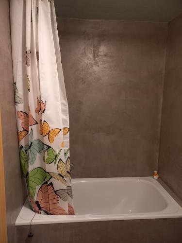 阿施伦Seeblick的浴缸配有带蝴蝶的浴帘