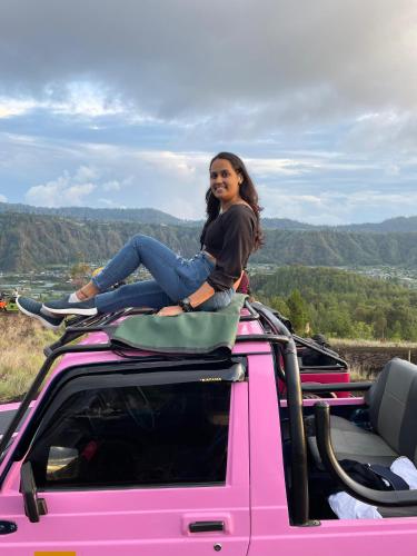 金塔马尼jeep tour bali的坐在粉色卡车上的一个女人