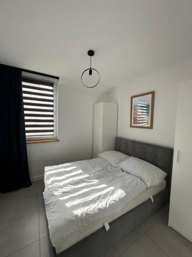 詹塔尔Domy przy Spokojnej的一间卧室配有一张带白色床单的床和一扇窗户。
