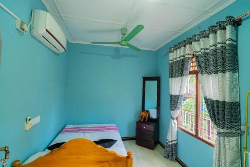 帕西库达Passi CK Homestay的一间拥有蓝色墙壁的卧室、一张床和窗户