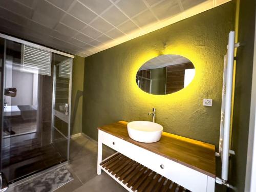 安卡拉109-Luxury Ankara Downtown Home的一间带水槽、镜子和淋浴的浴室
