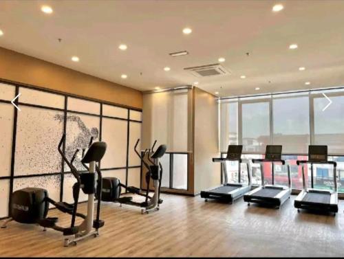 新山Sky Tree Studio Apartment at Bukit Indah, Johor的大楼内带跑步机和有氧器材的健身房