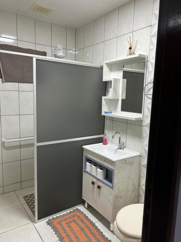 南雅拉瓜Casa das Suculentas的一间带水槽、卫生间和镜子的浴室