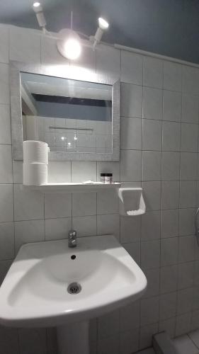 波罗斯poros apartment in garden的白色的浴室设有水槽和镜子