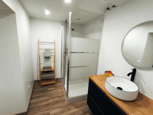 Saint-PrivatGîte de l'atelier的浴室设有白色水槽和镜子