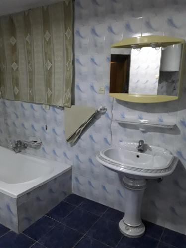 亚的斯亚贝巴Addis Joy Guesthouse的浴室配有盥洗盆、镜子和浴缸