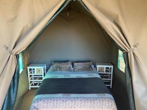 马加利斯堡Soetvlei Tented Farm Camp的帐篷内的一张床位,配有2个床头柜