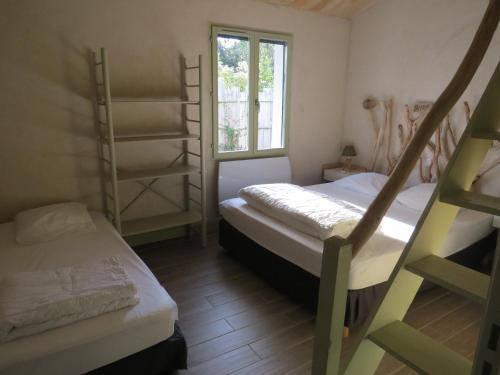多吕多勒龙La Belle Insulaire à Vert Bois的客房设有两张双层床和一扇窗户。