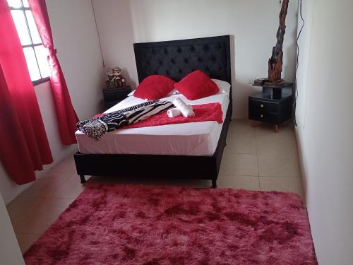 锡卡西亚El jazmin的一间卧室配有红色枕头和红色地毯。