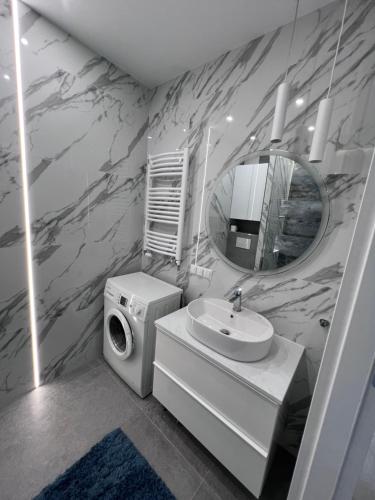 格但斯克Słoneczny apartament w Gdańsku的一间带水槽和洗衣机的浴室