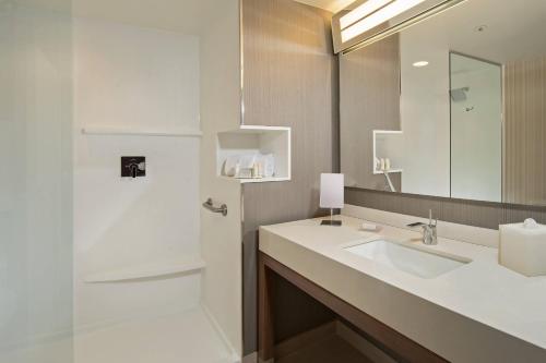 康科德康科德万豪万怡酒店的一间带水槽、镜子和淋浴的浴室