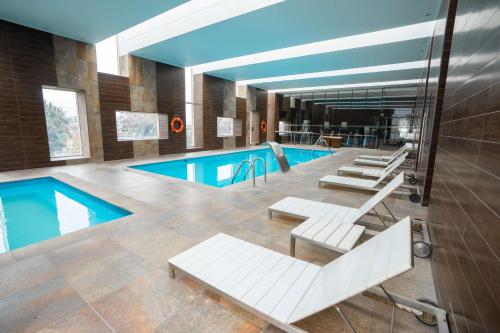 圣地亚哥圣地亚哥机场希尔顿花园酒店的一个带白色躺椅的游泳池和一个游泳池