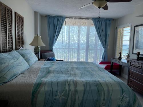 庞塞进Ponce Inlet Florida Breathtaking Oceanfront Penthouse Villa!的一间卧室设有一张大床和一个窗户。