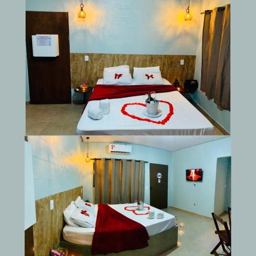 Porto NacionalRota 69 Motel & Pousada的一张卧室的两张照片,卧室里有一张床