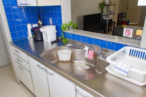 石垣岛Shiraho Villa - Vacation STAY 13688v的厨房水槽旁设有碗碟干燥架