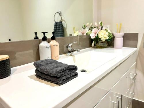 NarellanGuest house in Harrington Park的浴室柜台配有毛巾和水槽