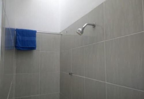 当格浪OYO 93808 Lincoln Dormitory的带淋浴和蓝色毛巾的浴室
