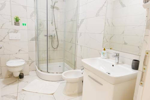雅西Luxury Lazar Towers Palas Mall Area的带淋浴、卫生间和盥洗盆的浴室