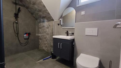 萨拉热窝Guest House Green Field的带淋浴、卫生间和盥洗盆的浴室