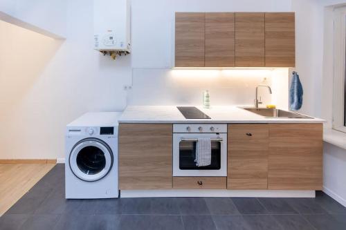 维也纳Second District Charming Flat的厨房配有洗衣机和水槽
