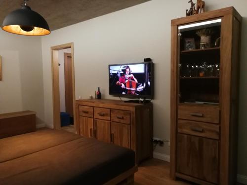 马热伊基艾Apartamentai 78的客厅配有木梳妆台上的电视