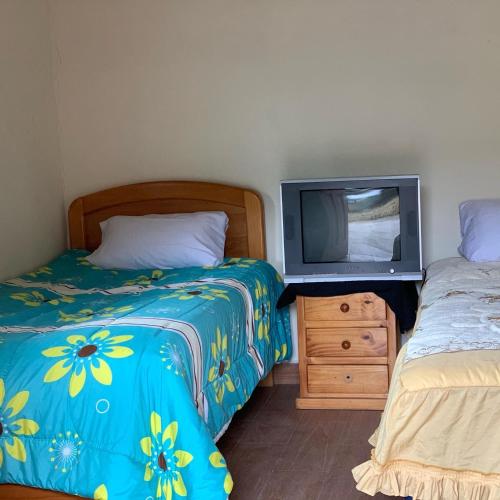 里奥班巴Casa Campo Juive Grande的一间卧室配有两张床,在梳妆台上配有电视