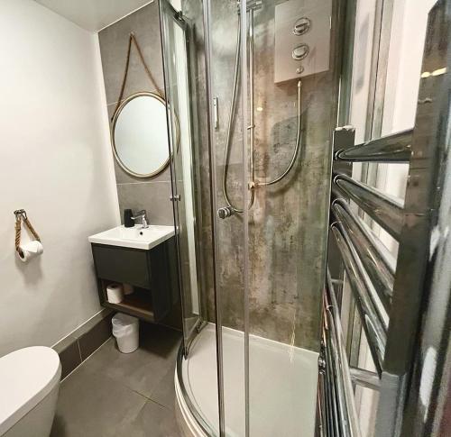 YoulgreaveFarmyard Inn的带淋浴、卫生间和盥洗盆的浴室