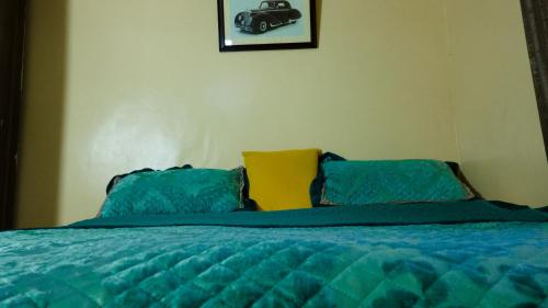 NarokLakewood city Resort的一间卧室配有一张蓝色床单,墙上挂有一辆汽车