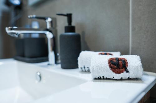 弗克拉布鲁克stadtwirt bruck的浴室水槽、毛巾和肥皂分配器