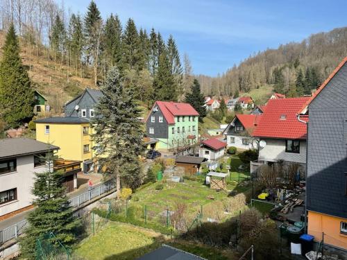 马瑟尔贝格Ferienwohnung im Thüringer Wald的享有村庄的空中景致,设有房屋