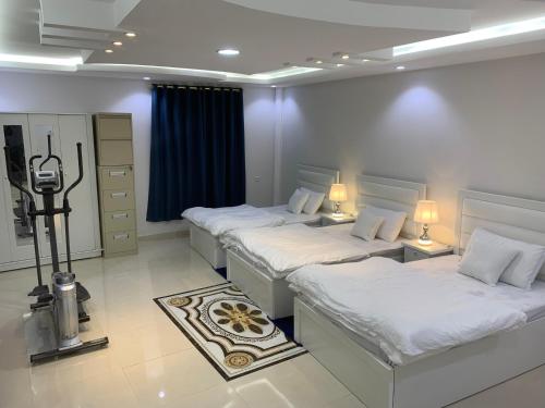 Rusibahشاليه的一间设有两盏灯和地毯的房间,配有三张床