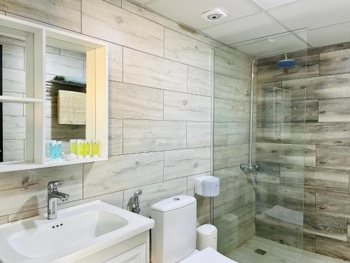 瓦迪拉姆Shaheen Camp Wadi rum的浴室配有卫生间、盥洗盆和淋浴。