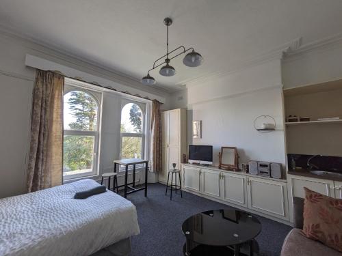 斯旺西SINGLETON SHORT STAYS R7r5的一间卧室配有一张床、一张书桌和一台电视