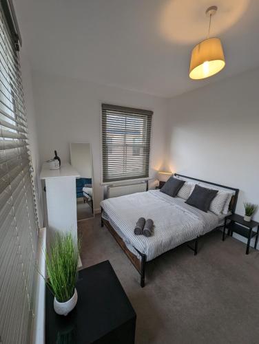 格雷夫森德2 bedroom apartment in Gravesend 10 mins walk from train station with free parking的一间带床的卧室,位于带窗户的房间内